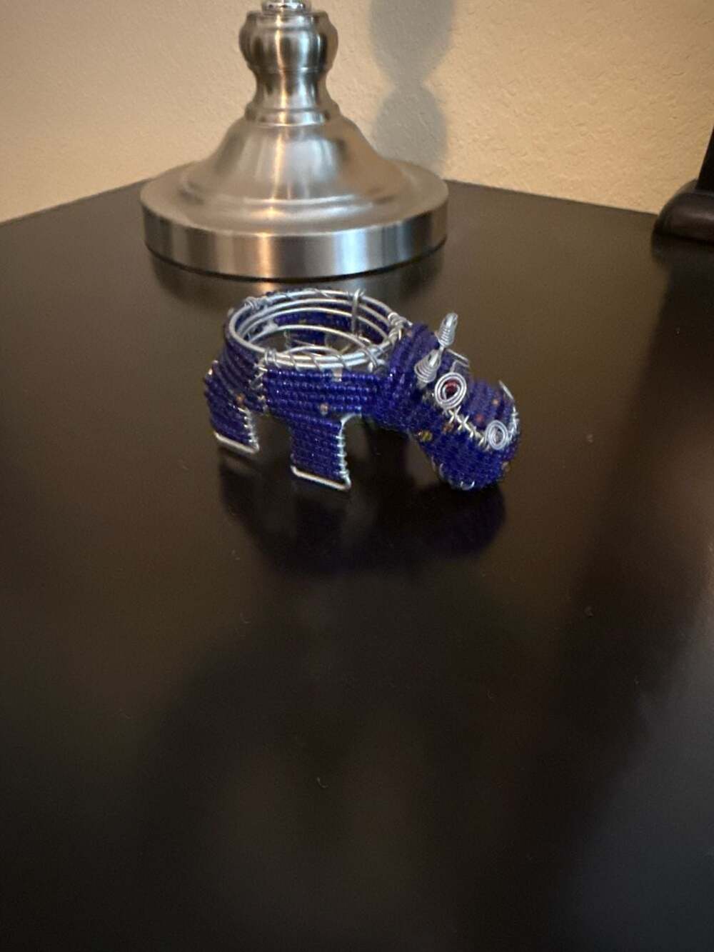 Handmade Blue Seed Bead and Wire Hippopotamus Tea Light Candle Holder